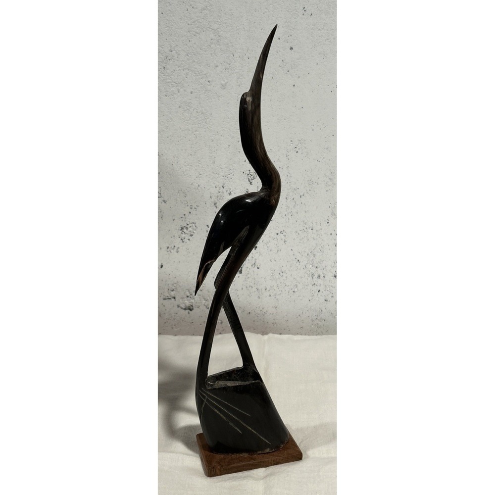 Vintage Egret Bird Figurine of Hand-carved Horn Bone dk Brown Folk Art - MCM 14"